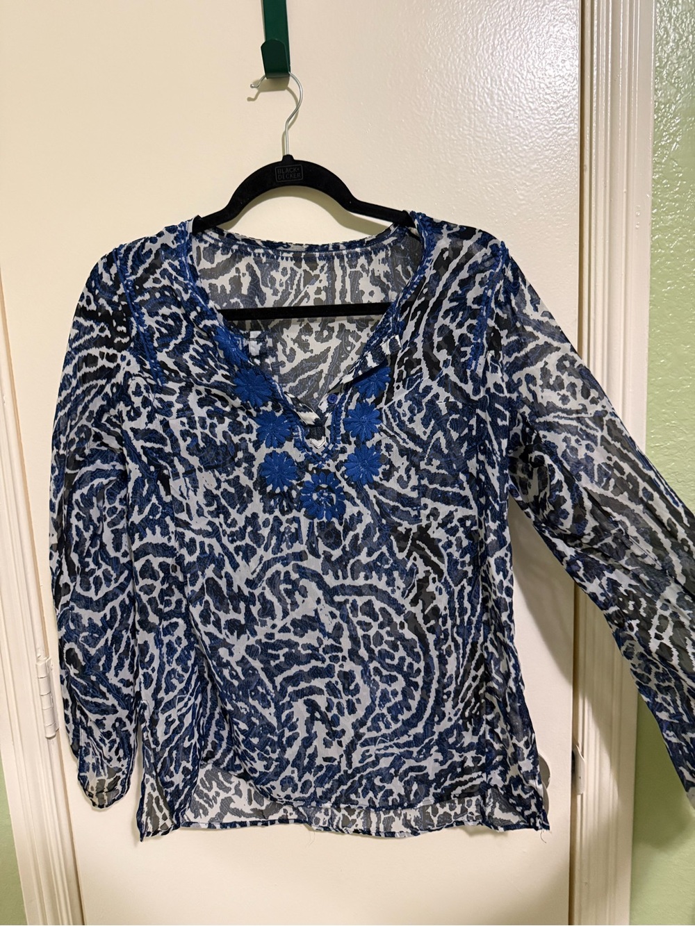 Blue Printed V-Neck Women's Blouse with Embroidered Detail